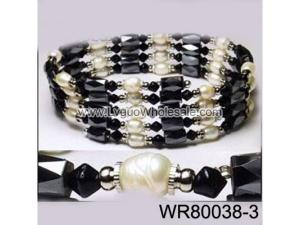36inch Black Glass, Freshwater Pearl Magnetic Wrap Bracelet Necklace All in One Set